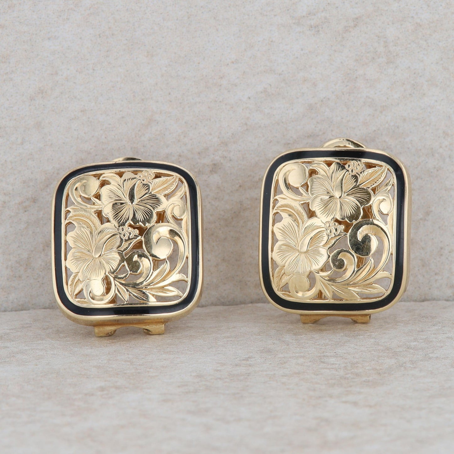 14k Yellow Gold Floral Rectangular Enamel Earrings 8.2g