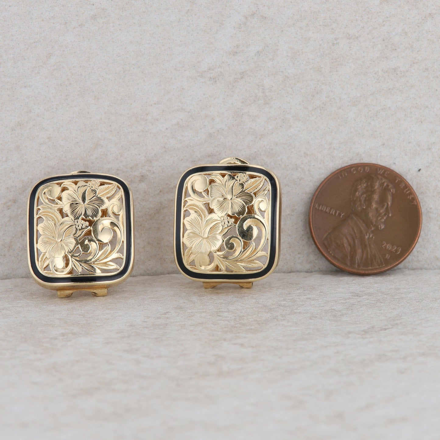 14k Yellow Gold Floral Rectangular Enamel Earrings 8.2g