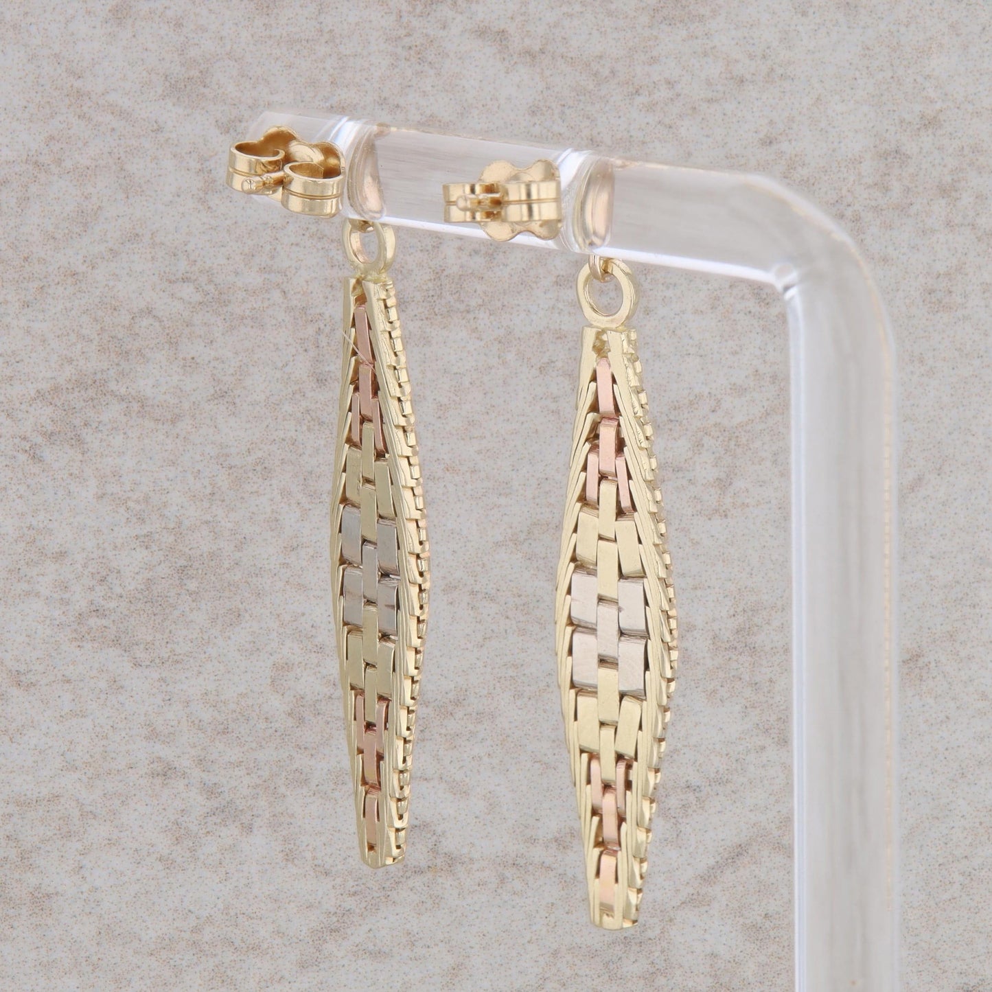 14k Tri Tone Link Textured Dangle Earrings 4.0g