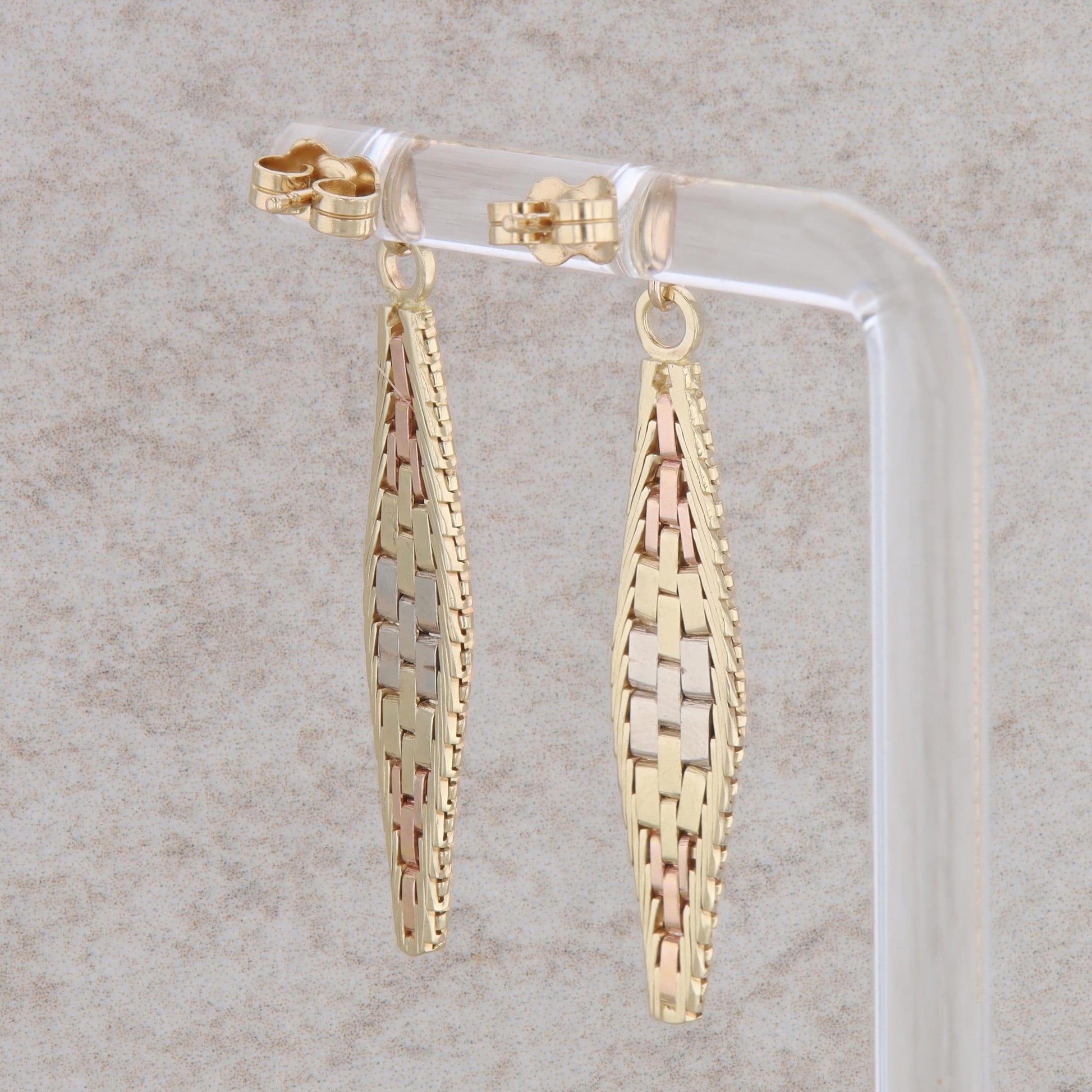 14k Tri Tone Link Textured Dangle Earrings 4.0g