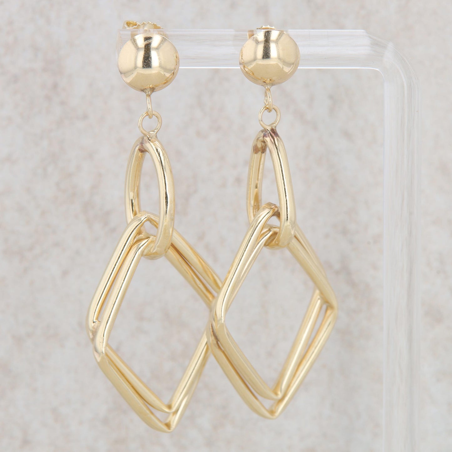 14k Yellow Gold Rhombus Diamond Shaped Geometrical Dangle Earrings