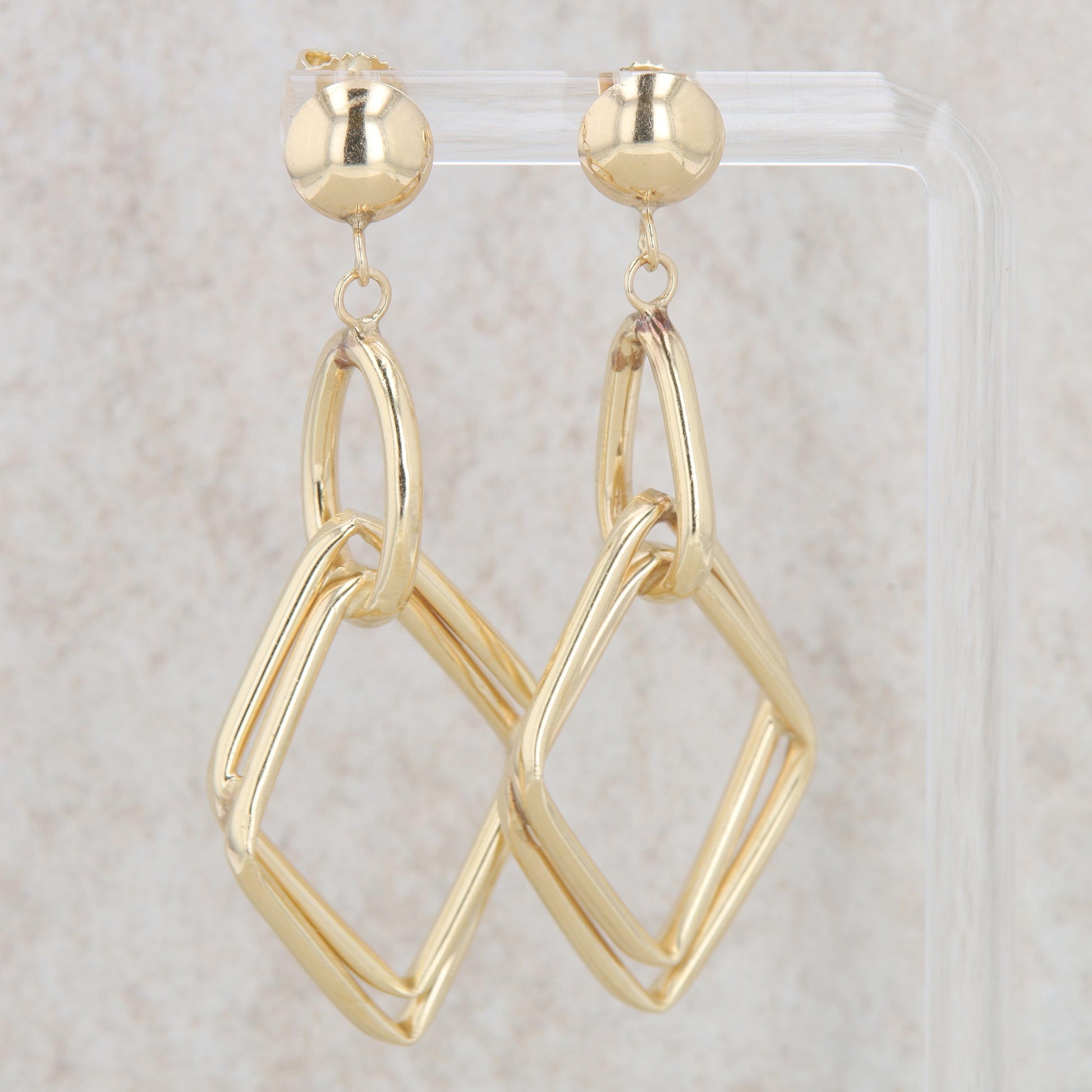 14k Yellow Gold Rhombus Diamond Shaped Geometrical Dangle Earrings