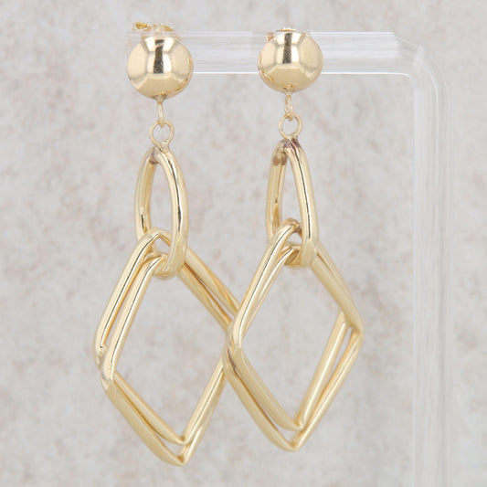 14k Yellow Gold Rhombus Diamond Shaped Geometrical Dangle Earrings