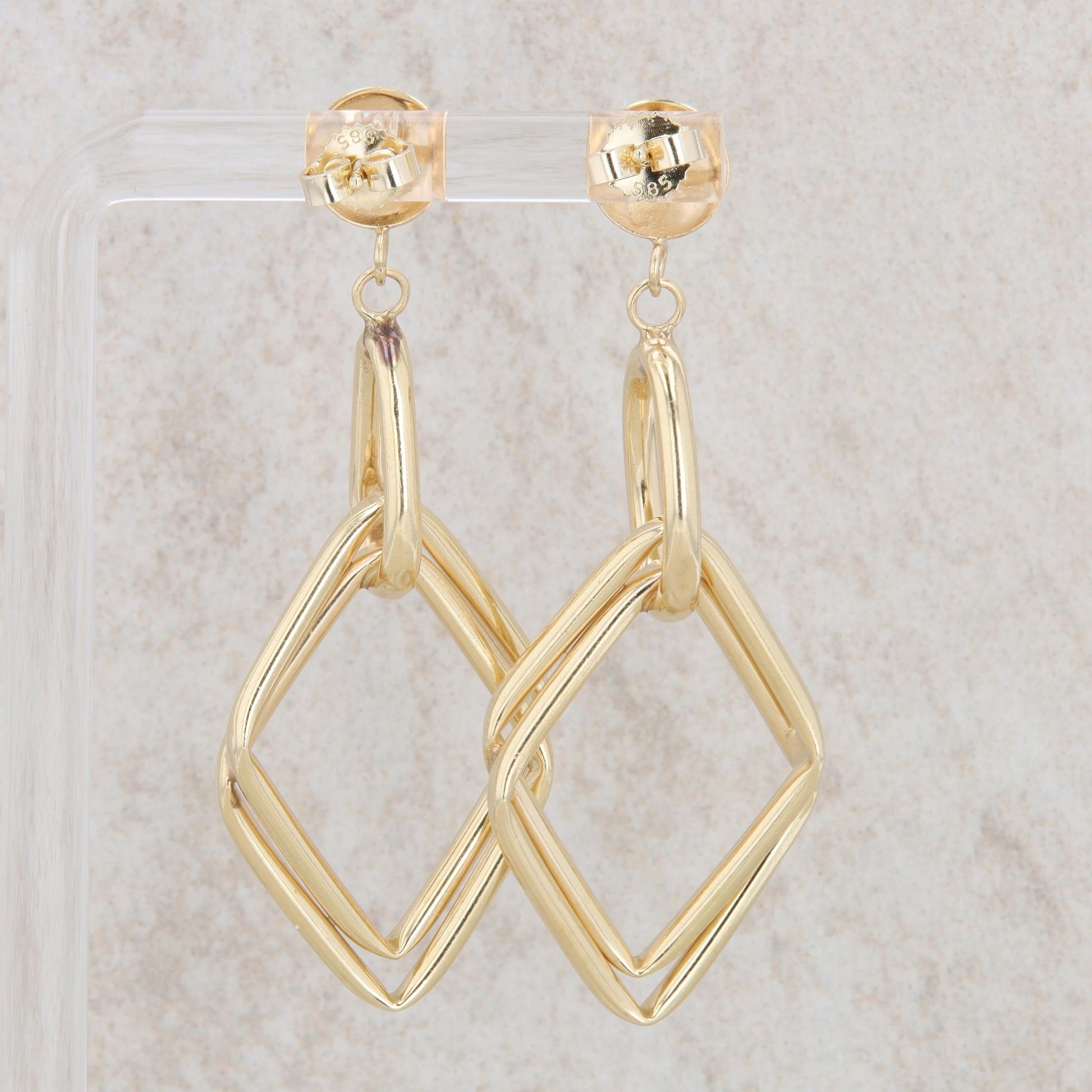 14k Yellow Gold Rhombus Diamond Shaped Geometrical Dangle Earrings