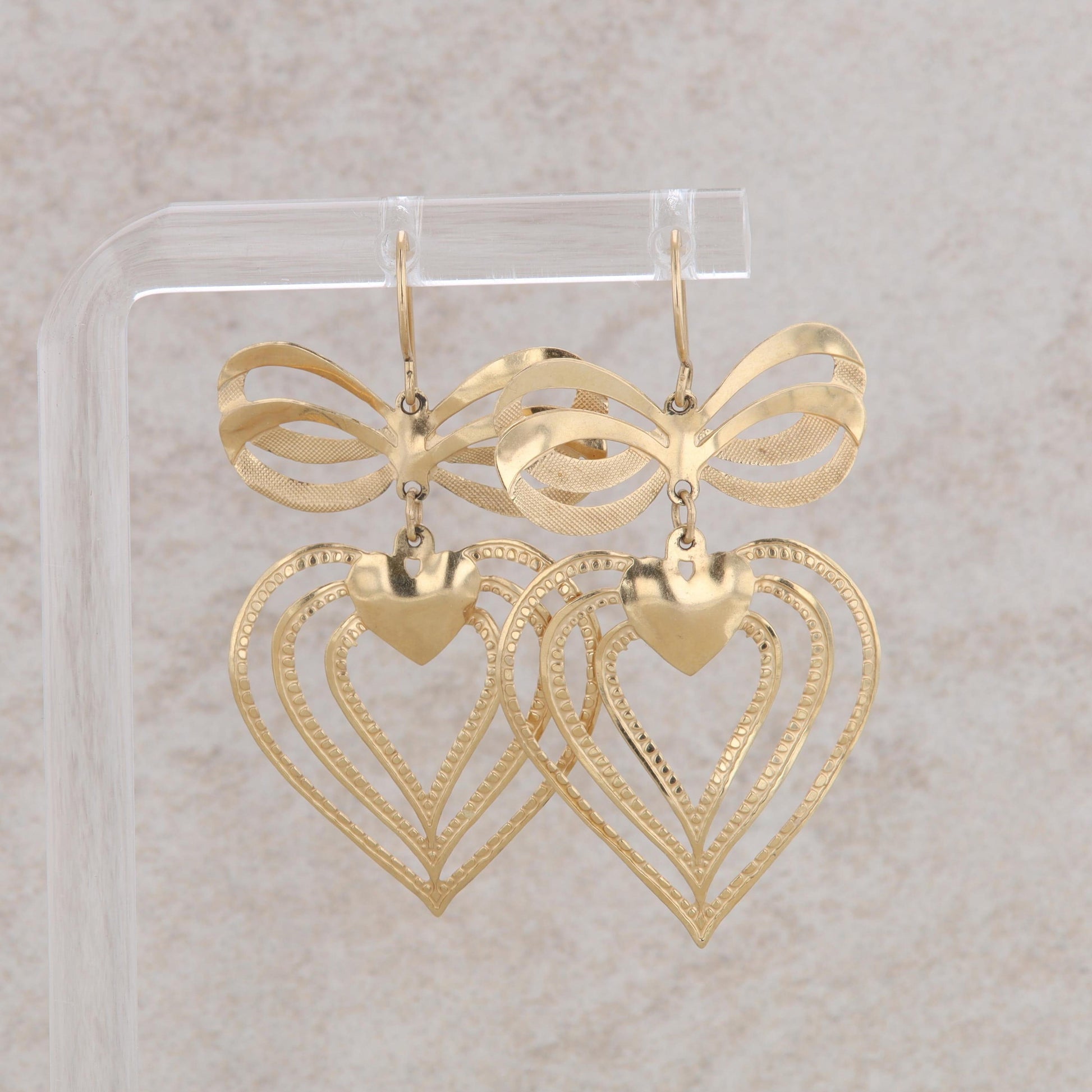 14k Yellow Gold Triple Heart Dangle Bow Earrings 2.16g