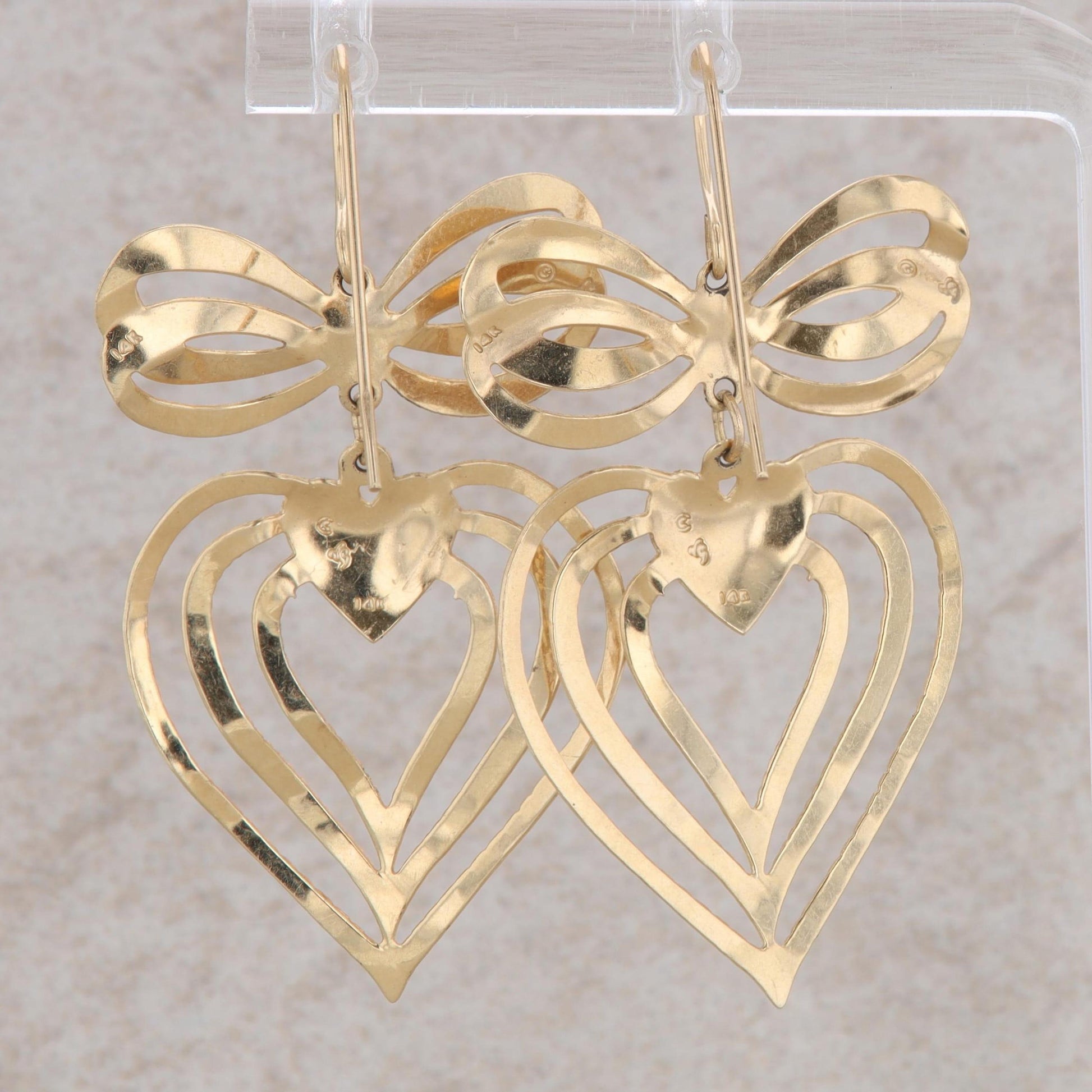 14k Yellow Gold Triple Heart Dangle Bow Earrings 2.16g