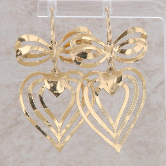 14k Yellow Gold Triple Heart Dangle Bow Earrings 2.16g