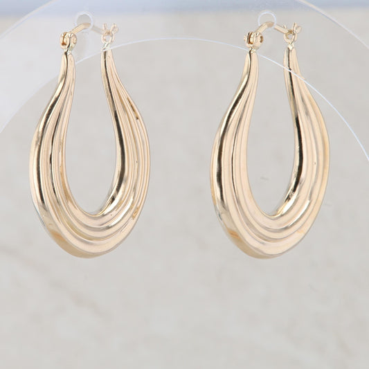 14k Yellow Gold Ribbed Drop Hoop Earrings 4.61g