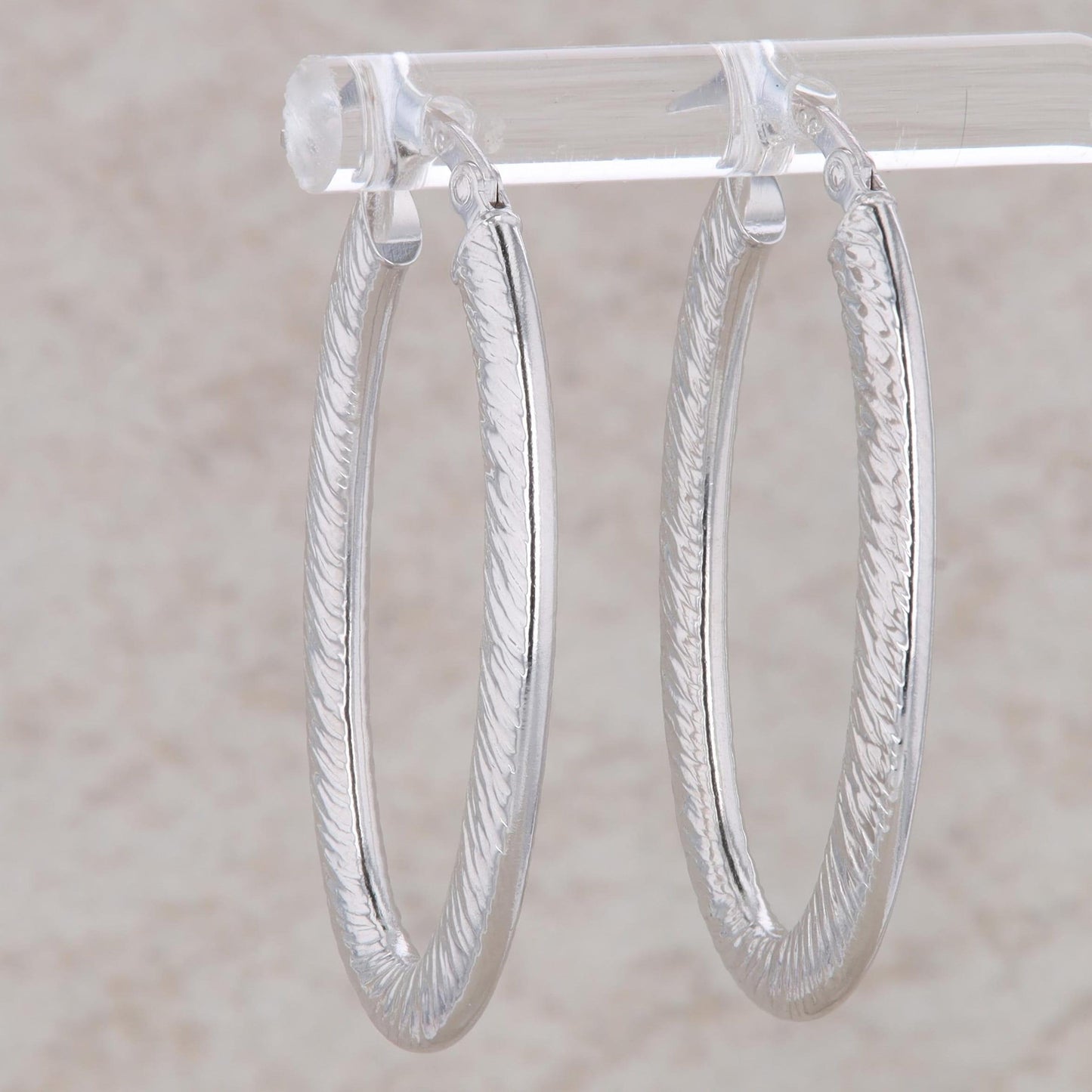 14k White Gold Oval Textured Hoop Earrings