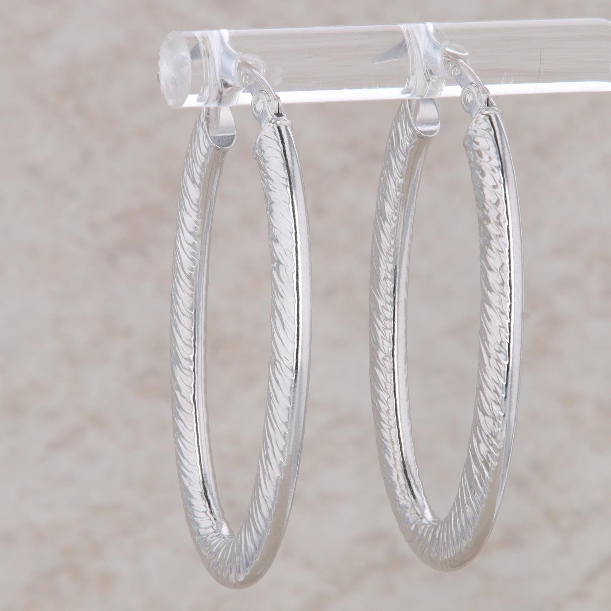 14k White Gold Oval Textured Hoop Earrings