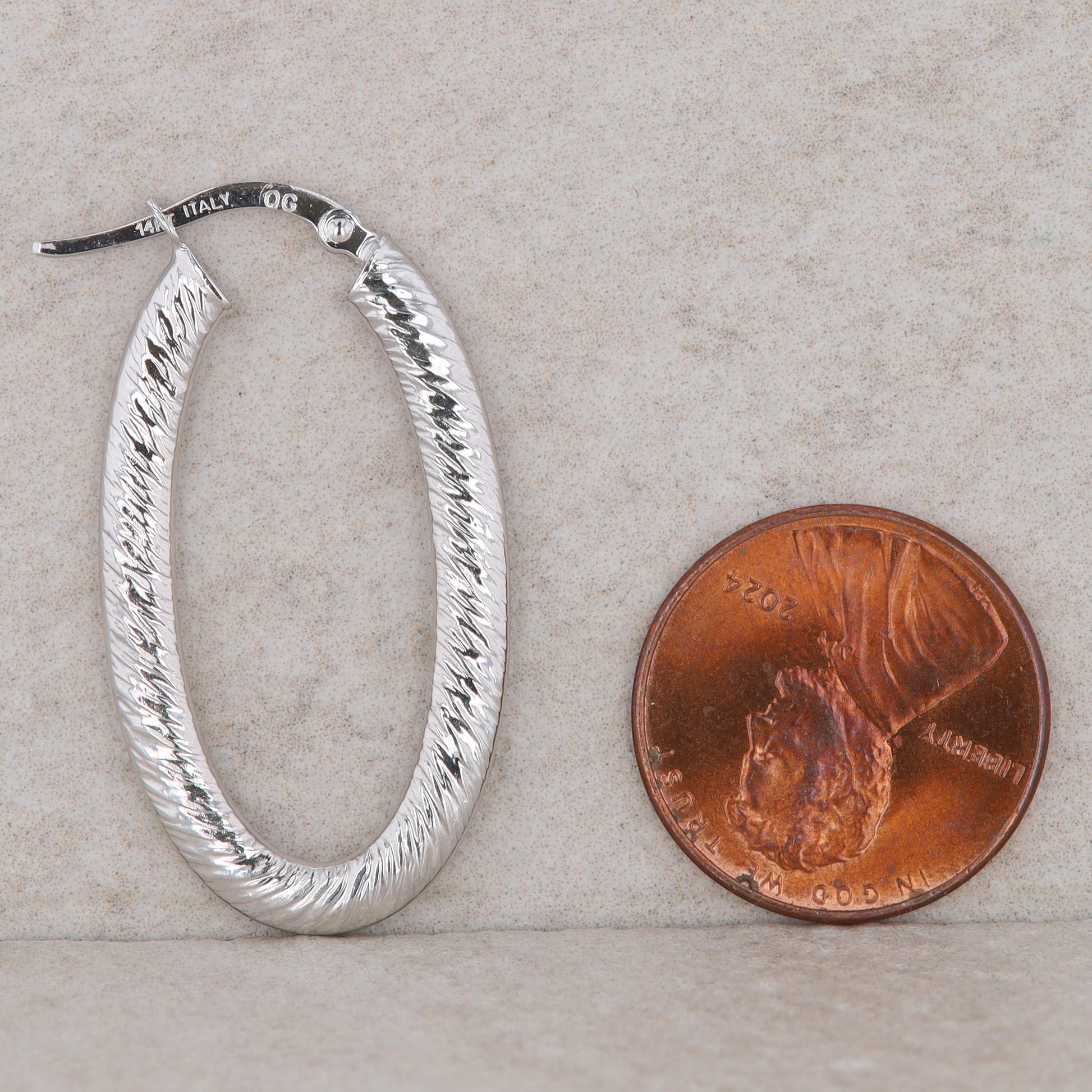 14k White Gold Oval Textured Hoop Earrings