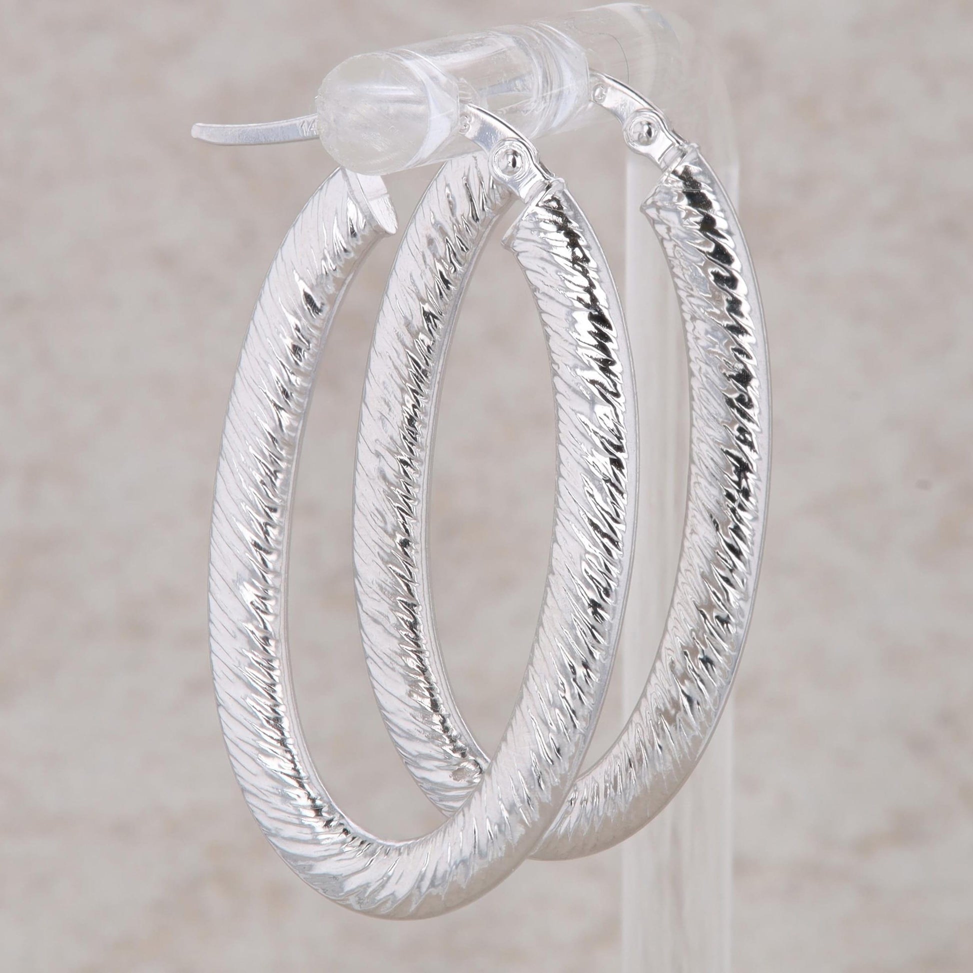 14k White Gold Oval Textured Hoop Earrings