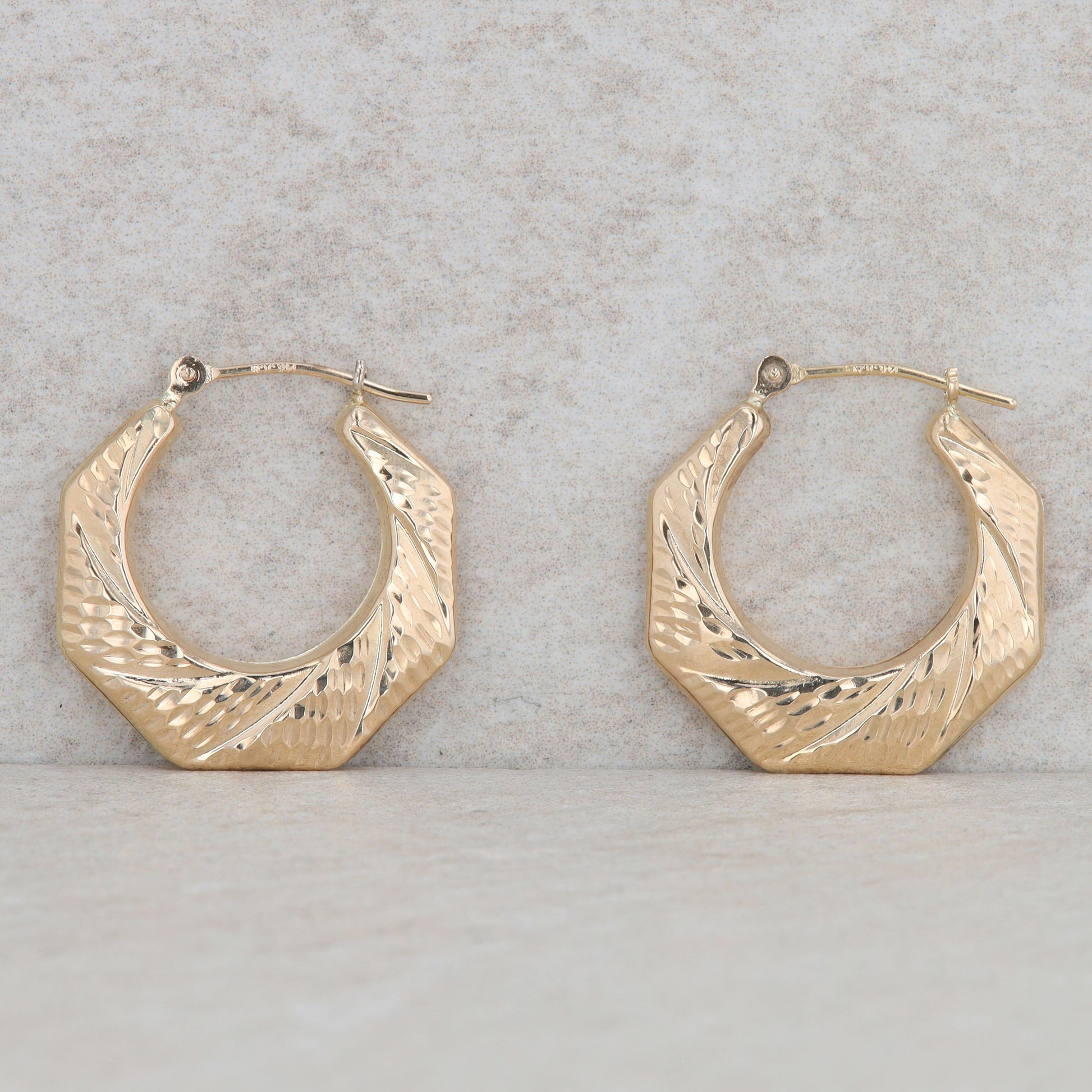 14k Yellow Gold Octagon Textured Hoop Earrings, 2.0g