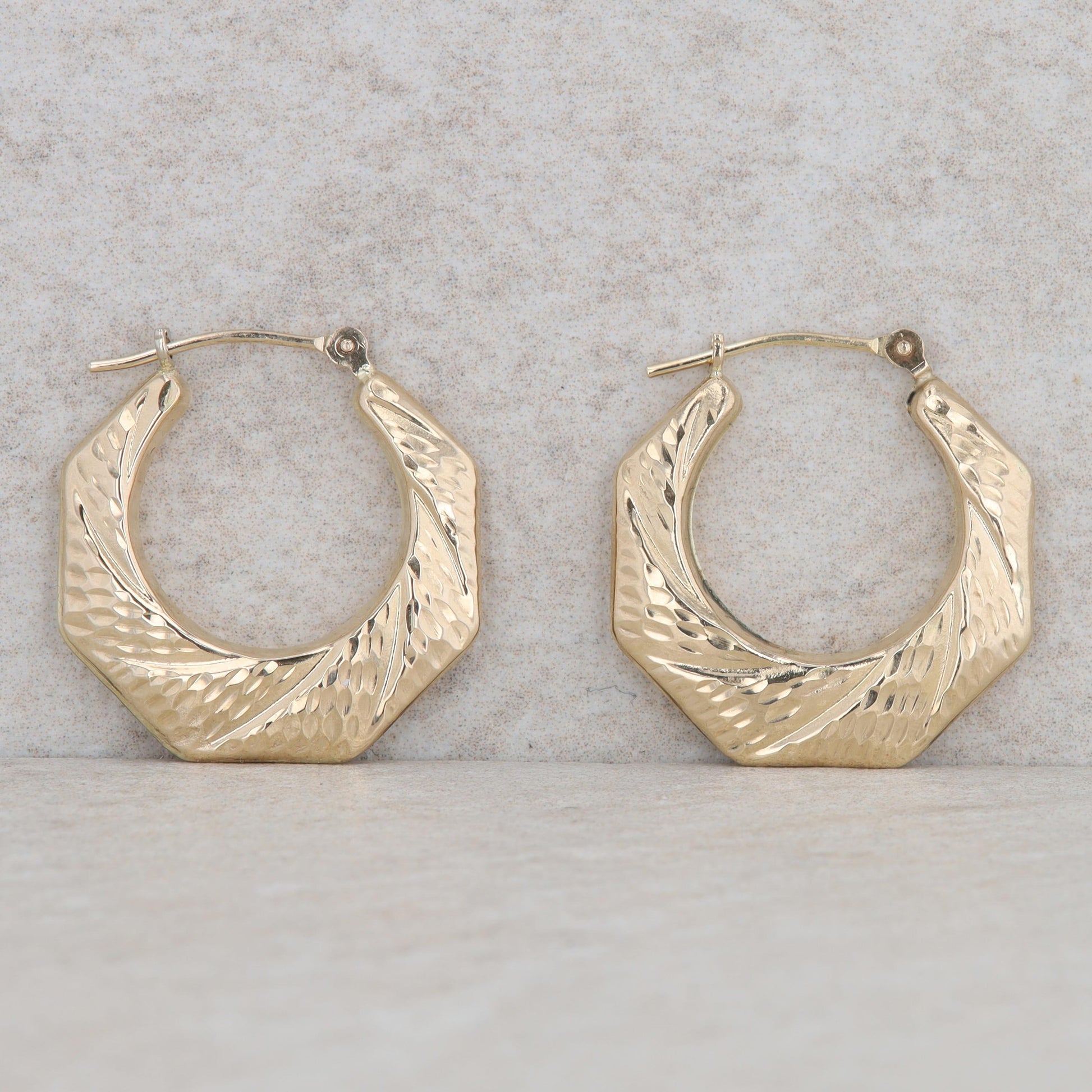 14k Yellow Gold Octagon Textured Hoop Earrings, 2.0g