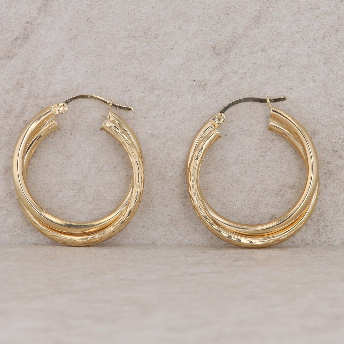 14k Yellow Gold Double Hoop Textured and Polished Earrings, 3.0g