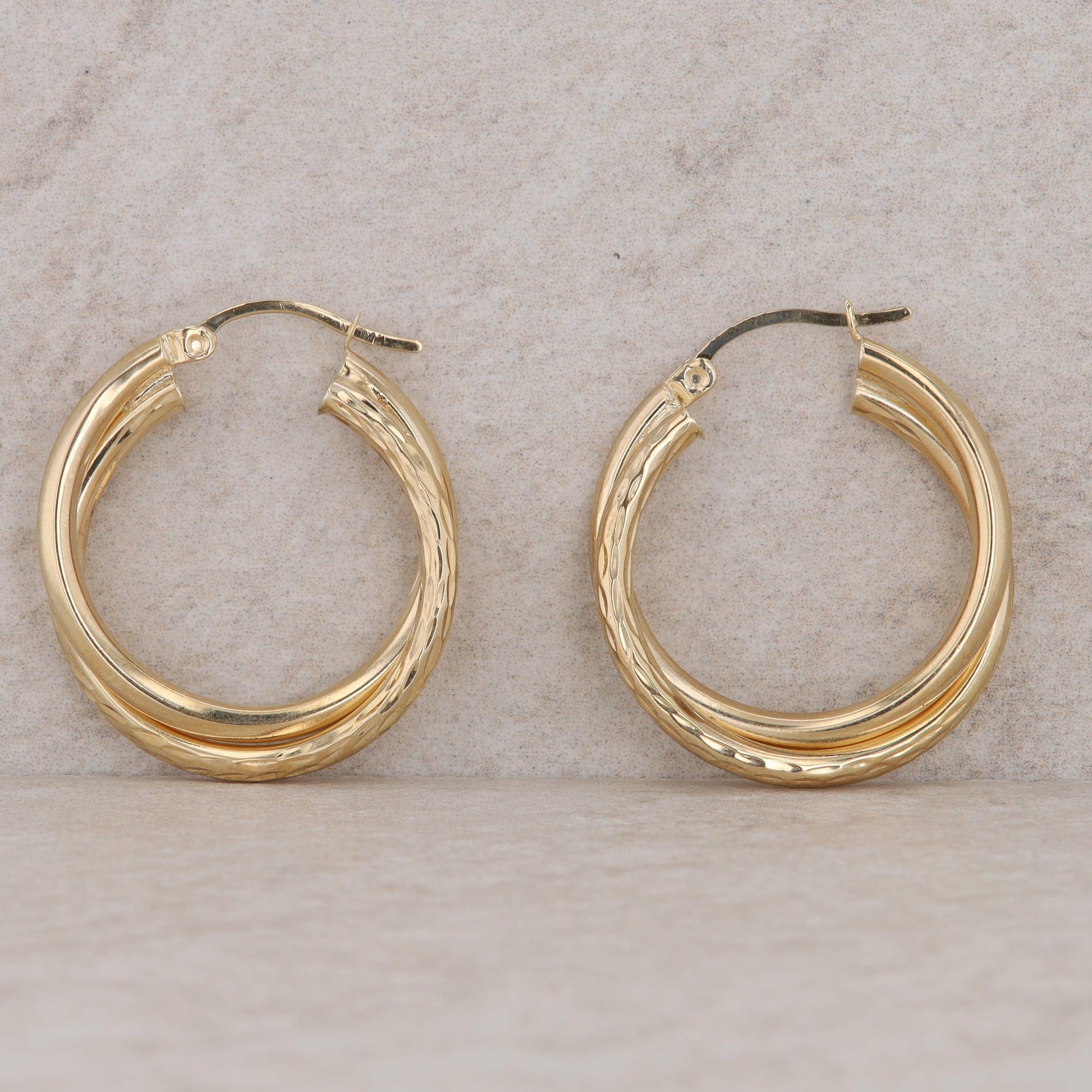 14k Yellow Gold Double Hoop Textured and Polished Earrings, 3.0g