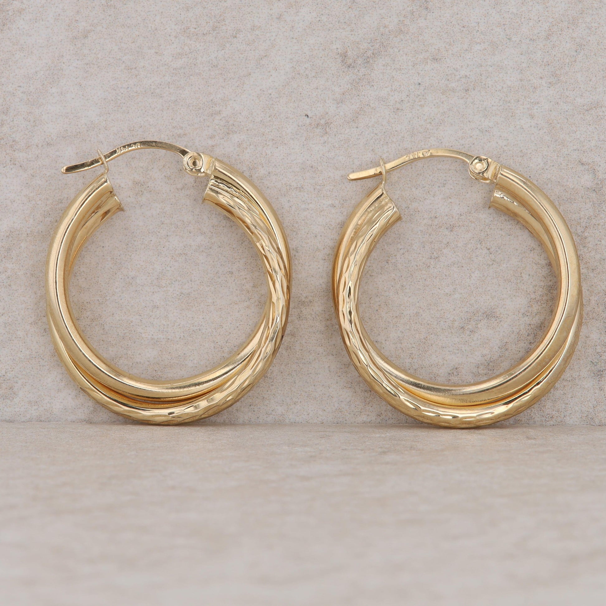 14k Yellow Gold Double Hoop Textured and Polished Earrings, 3.0g