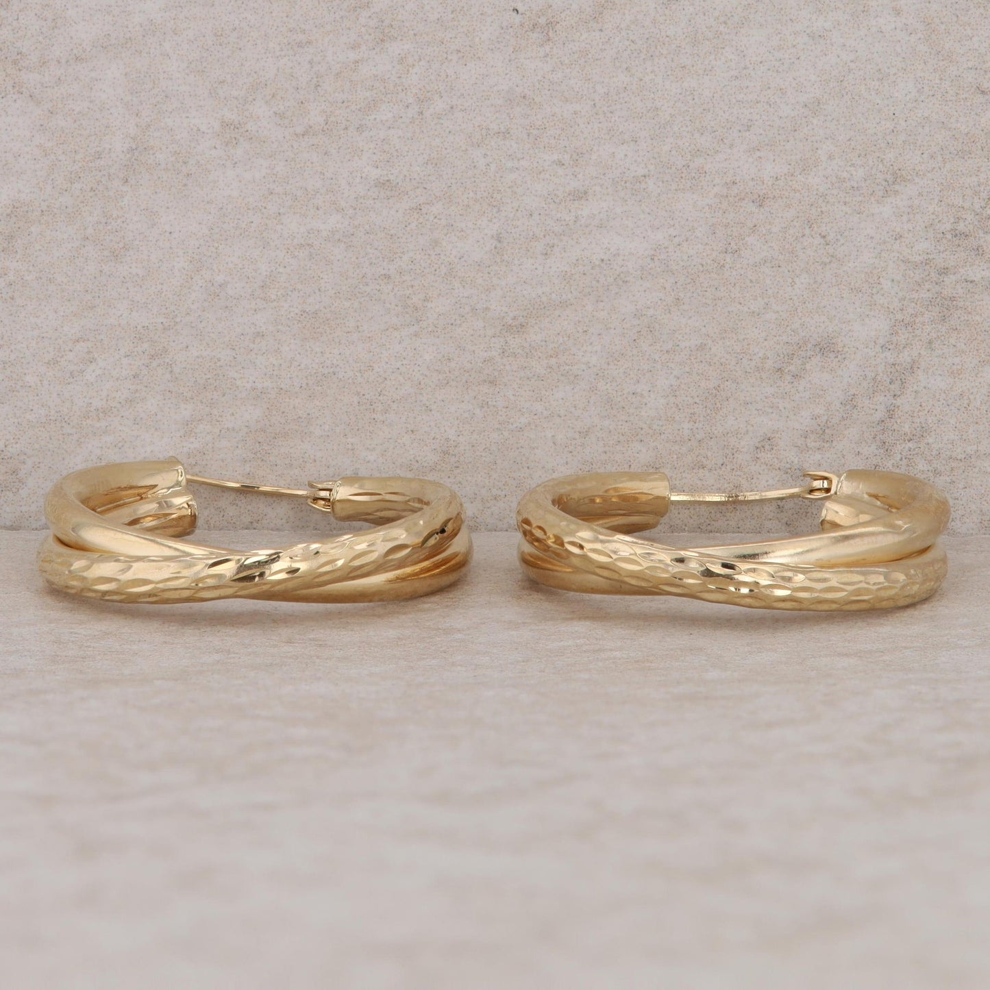 14k Yellow Gold Double Hoop Textured and Polished Earrings, 3.0g
