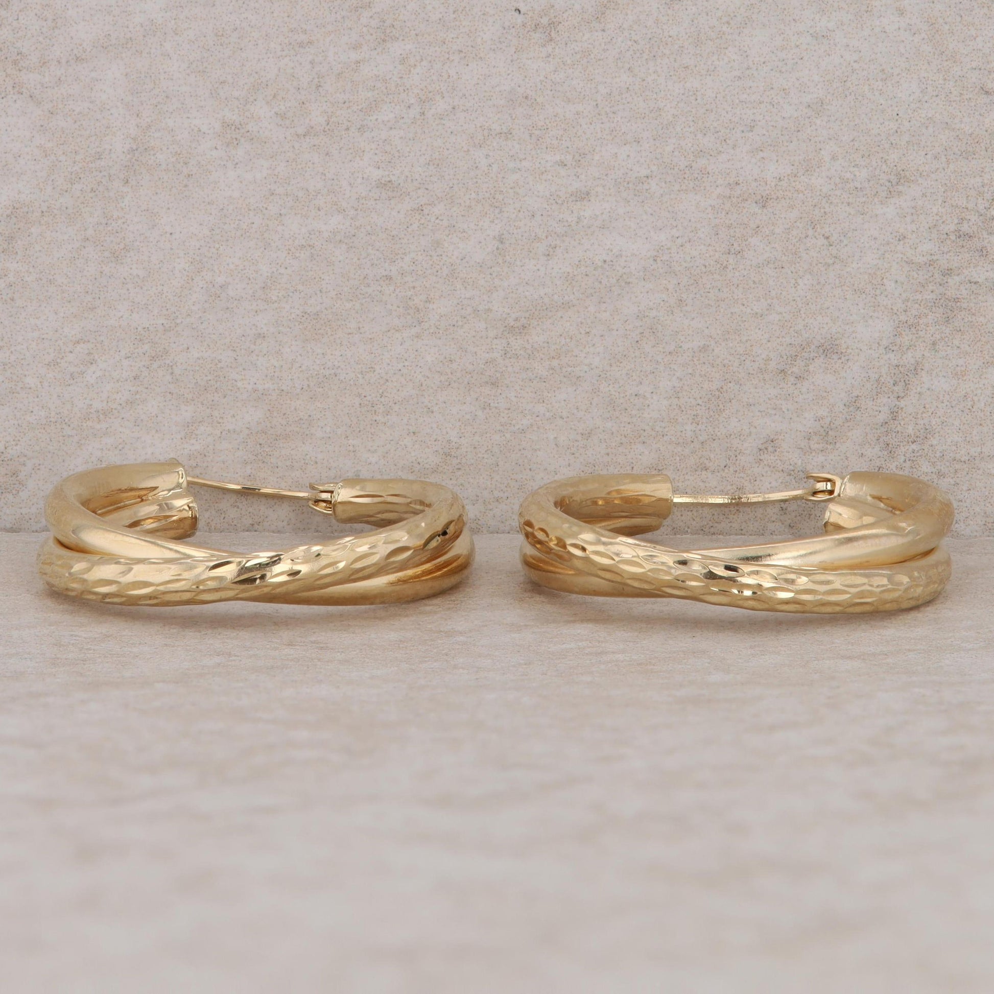 14k Yellow Gold Double Hoop Textured and Polished Earrings, 3.0g