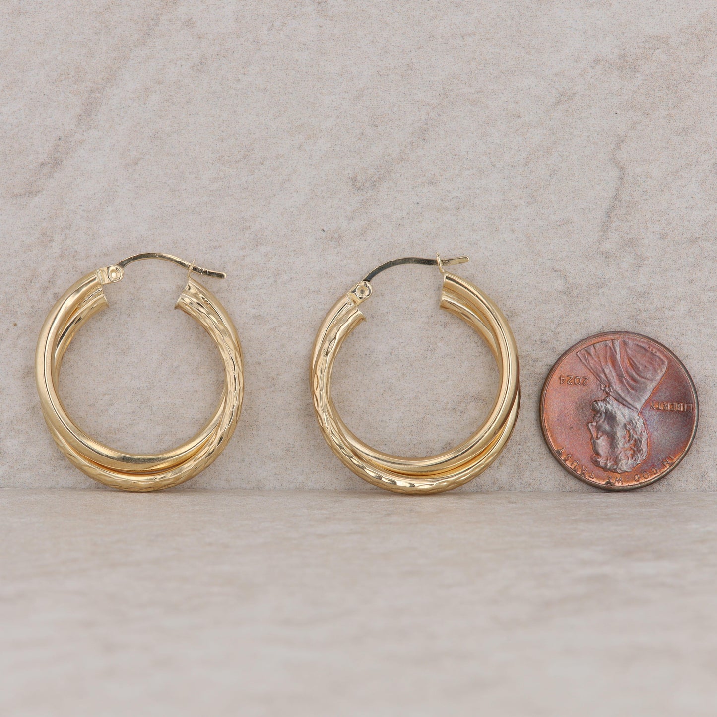 14k Yellow Gold Double Hoop Textured and Polished Earrings, 3.0g