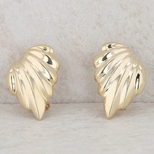14k Yellow Gold Fluted Fan Shaped High Polish Omega Back Earrings, 5.5g
