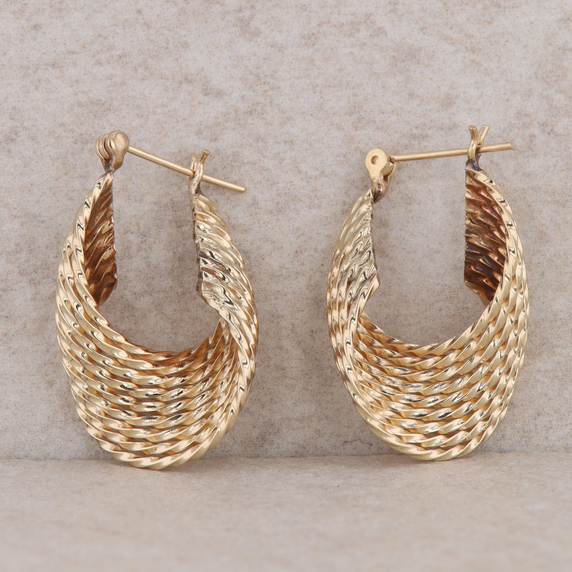 14k Yellow Gold Oval Twist Textured Hoop Earrings, 4.5g