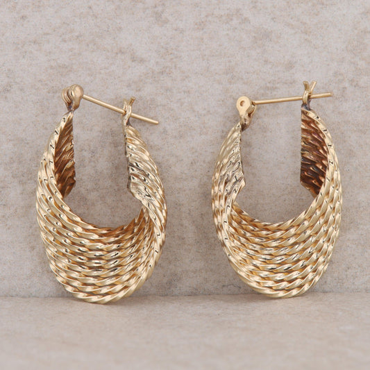 14k Yellow Gold Oval Twist Textured Hoop Earrings, 4.5g