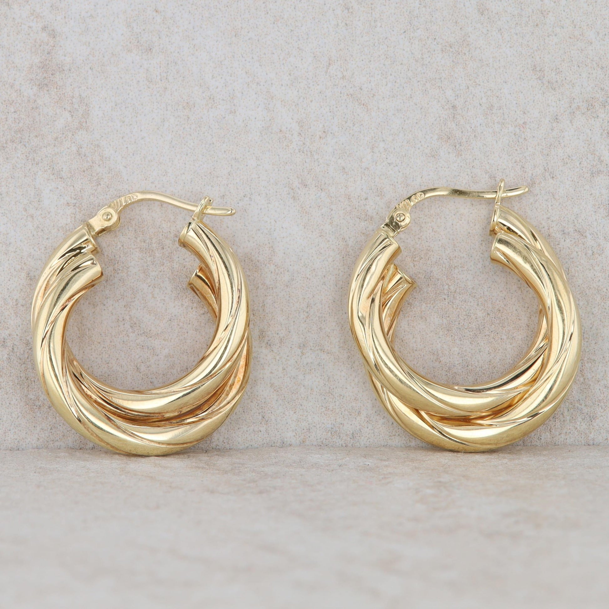 18k Yellow Gold Ribbed Twist Double 3mm Hoop Earrings, 2.5g