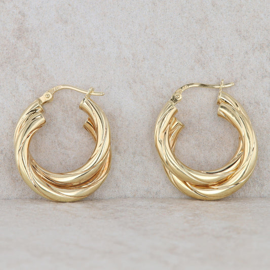 18k Yellow Gold Ribbed Twist Double 3mm Hoop Earrings, 2.5g