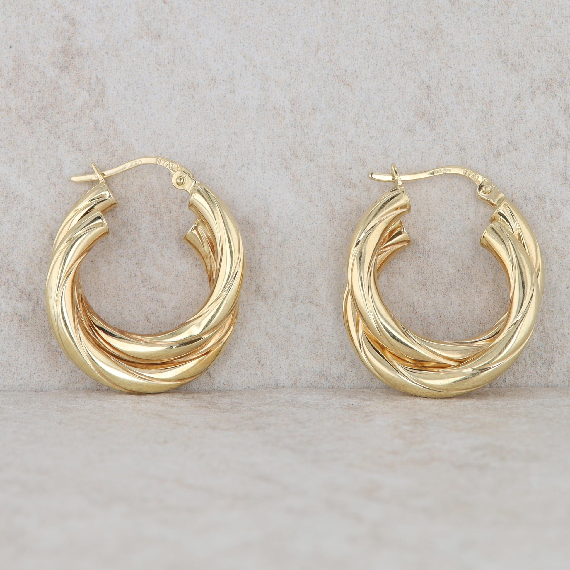 18k Yellow Gold Ribbed Twist Double 3mm Hoop Earrings, 2.5g