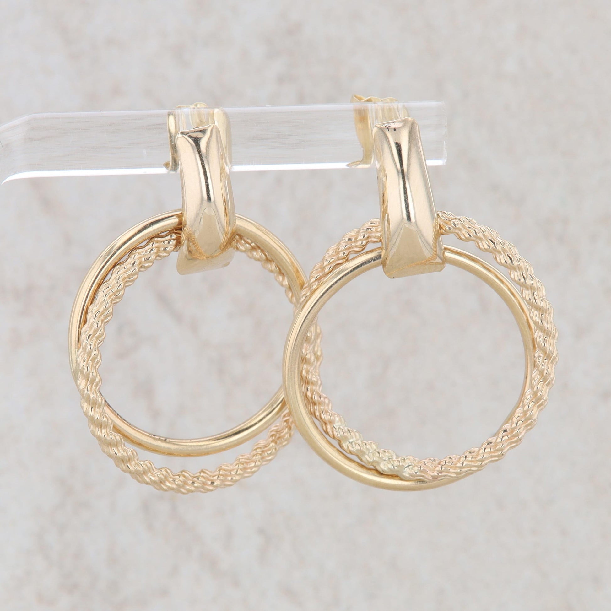 14k Yellow Gold Double Door Knocker Polish and Rope Circle Earrings, 2.9g