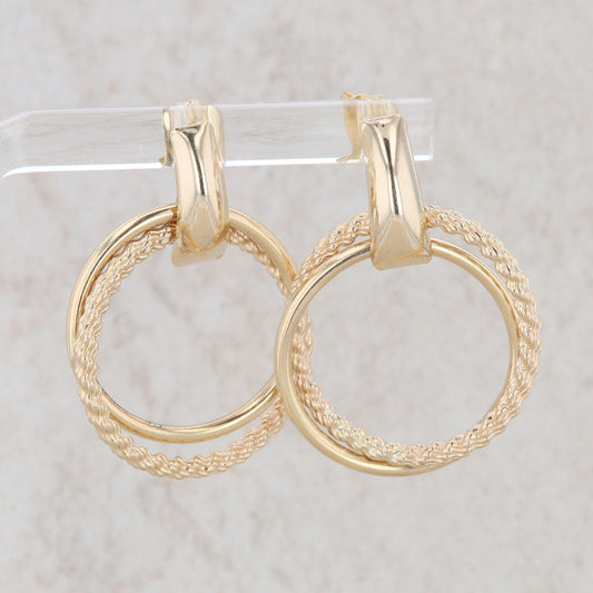 14k Yellow Gold Double Door Knocker Polish and Rope Circle Earrings, 2.9g