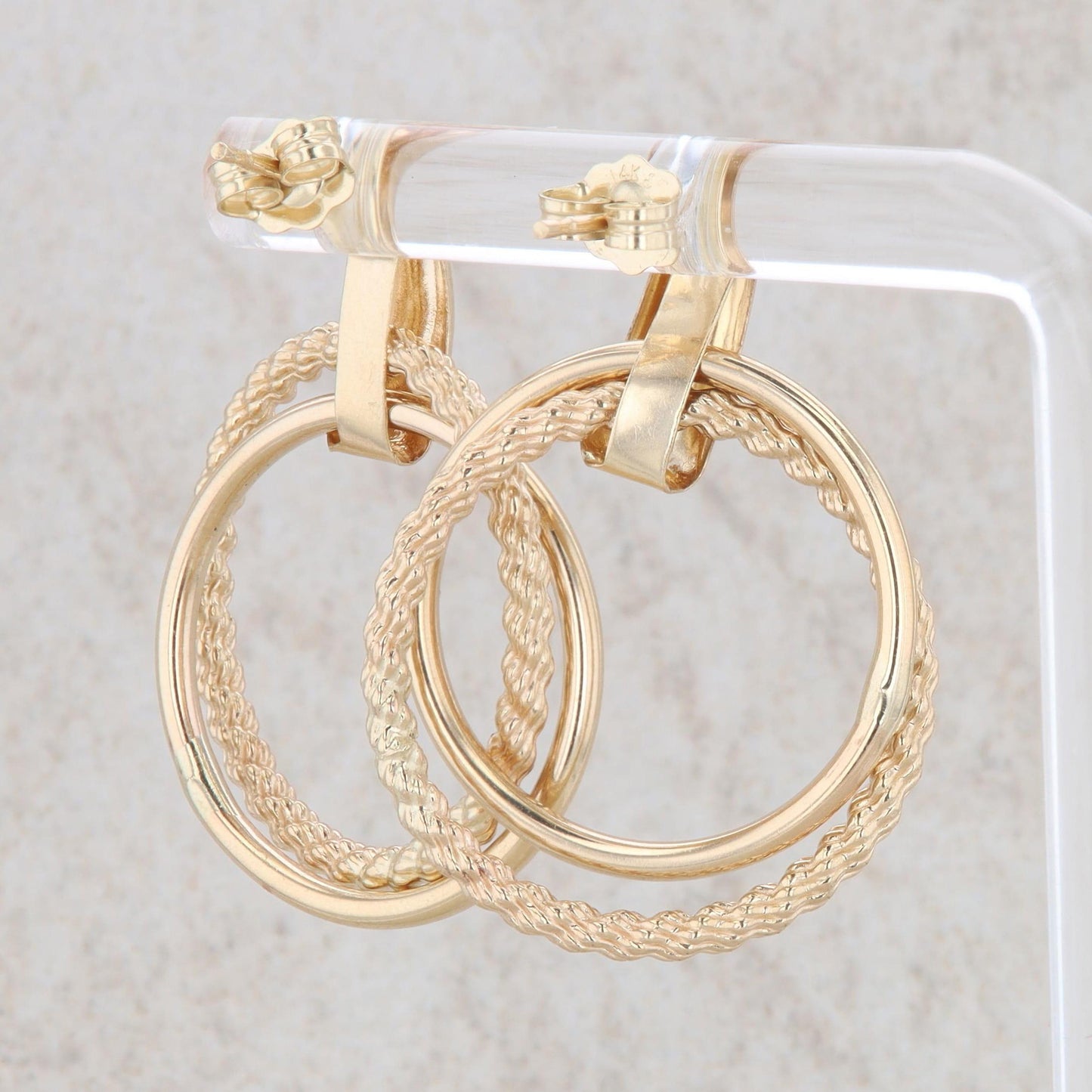 14k Yellow Gold Double Door Knocker Polish and Rope Circle Earrings, 2.9g