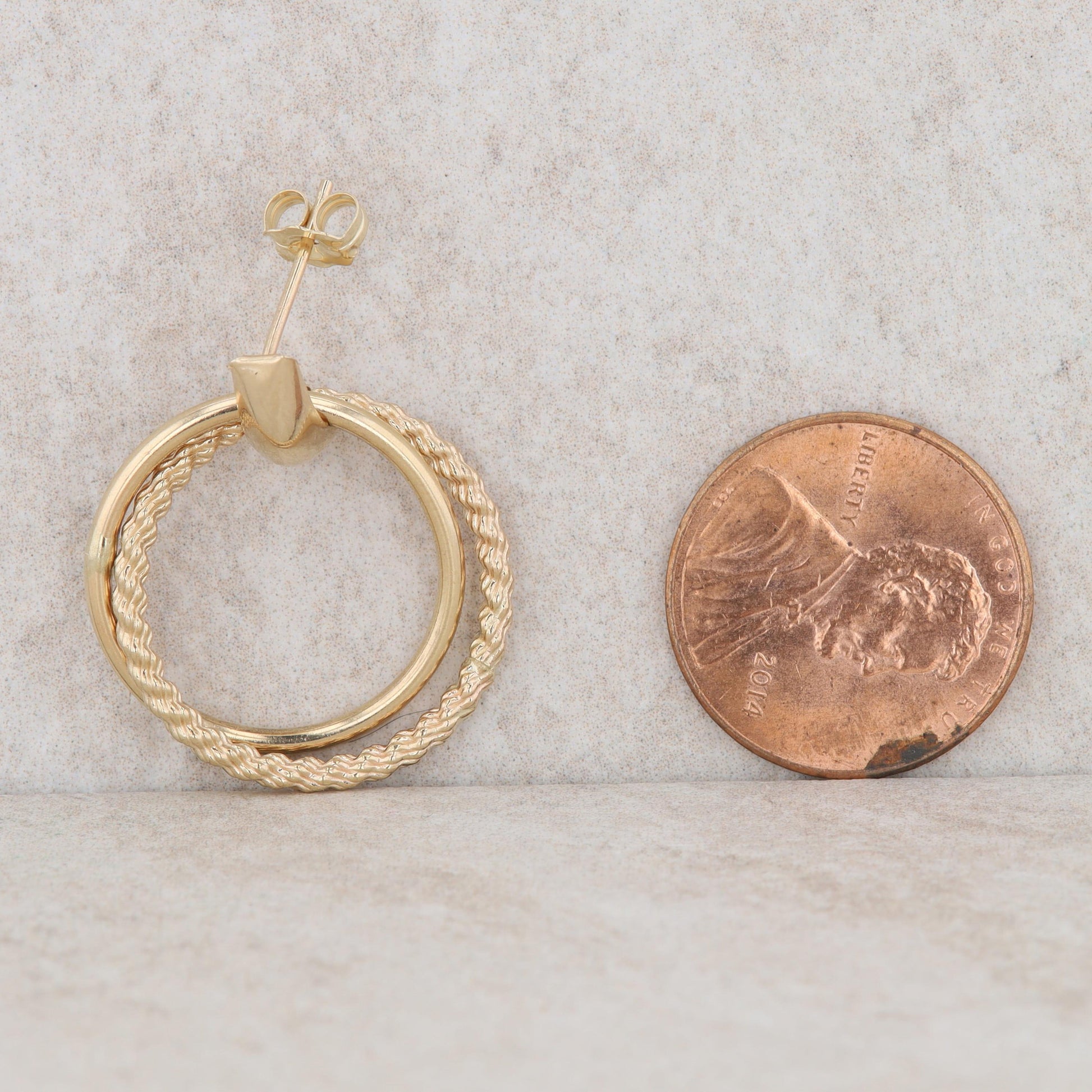 14k Yellow Gold Double Door Knocker Polish and Rope Circle Earrings, 2.9g