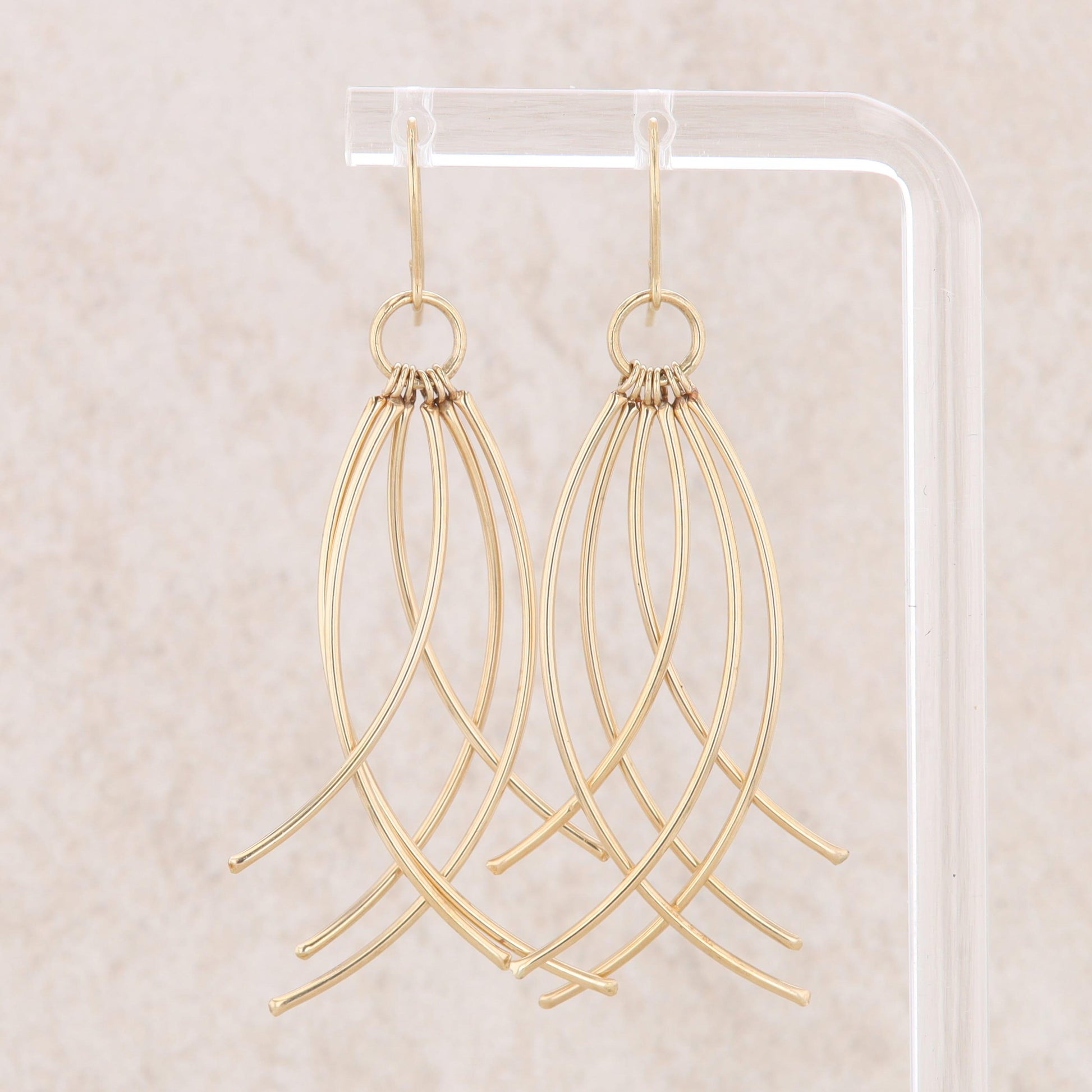 14k Yellow Gold Wire 6 Row Dangle Curved Earrings, 2.3g