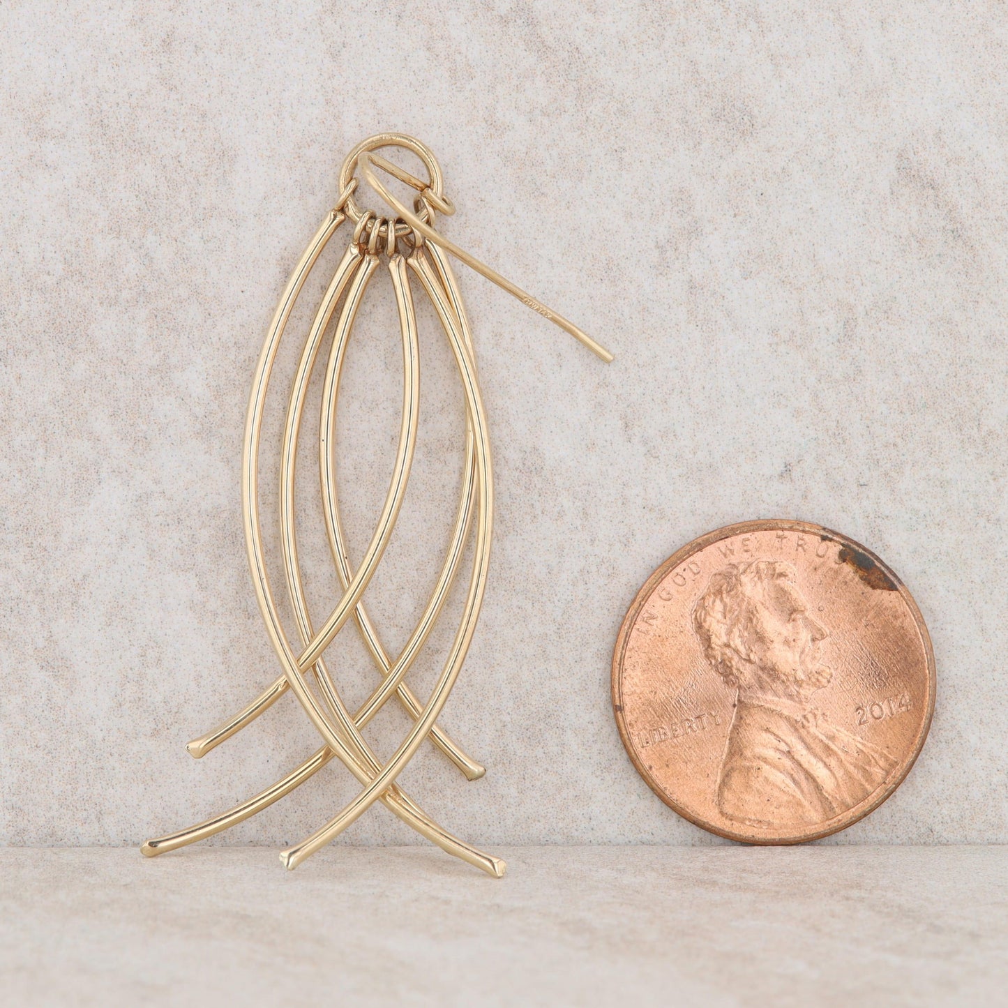 14k Yellow Gold Wire 6 Row Dangle Curved Earrings, 2.3g
