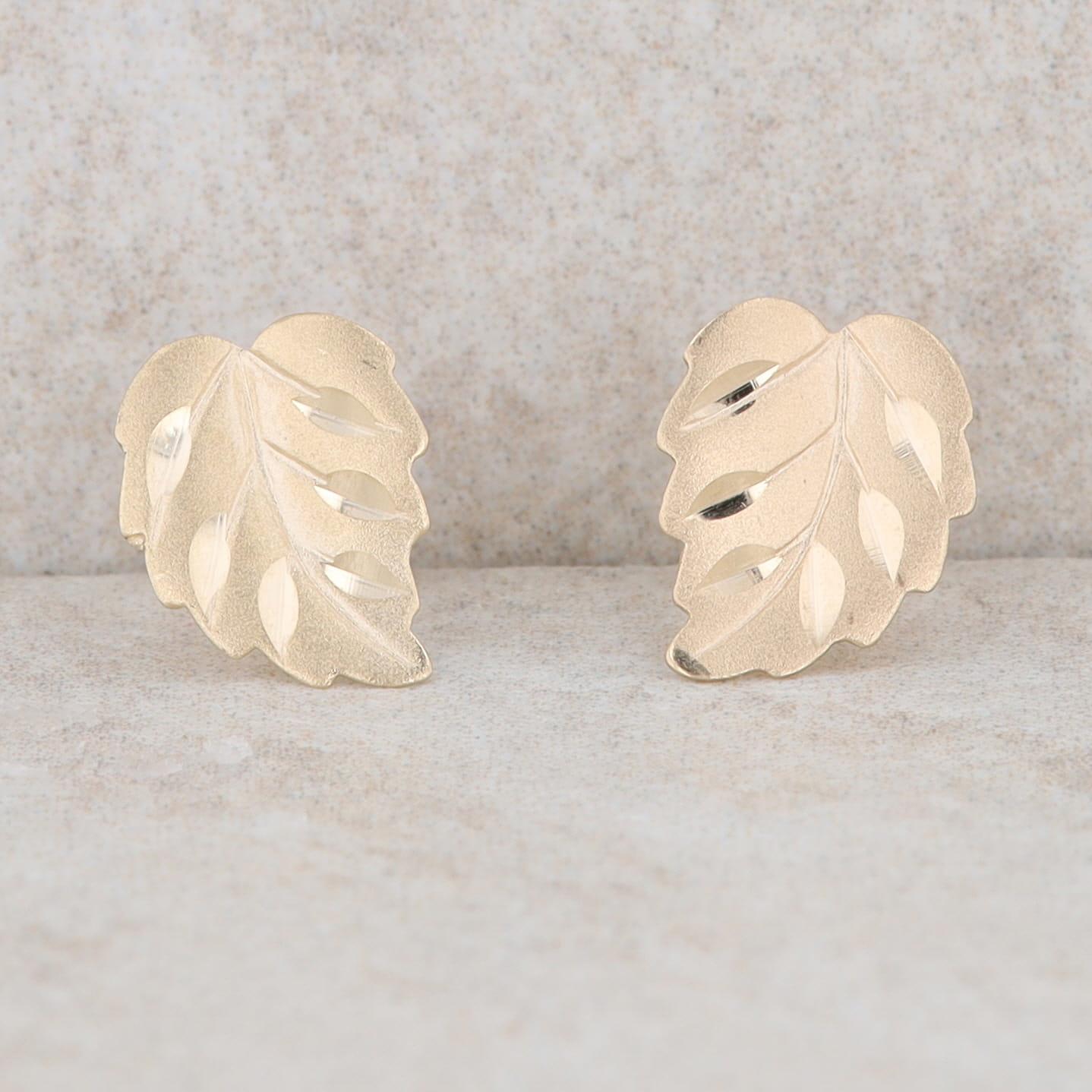14k Yellow Gold Leaf Stud Earrings, 0.6g