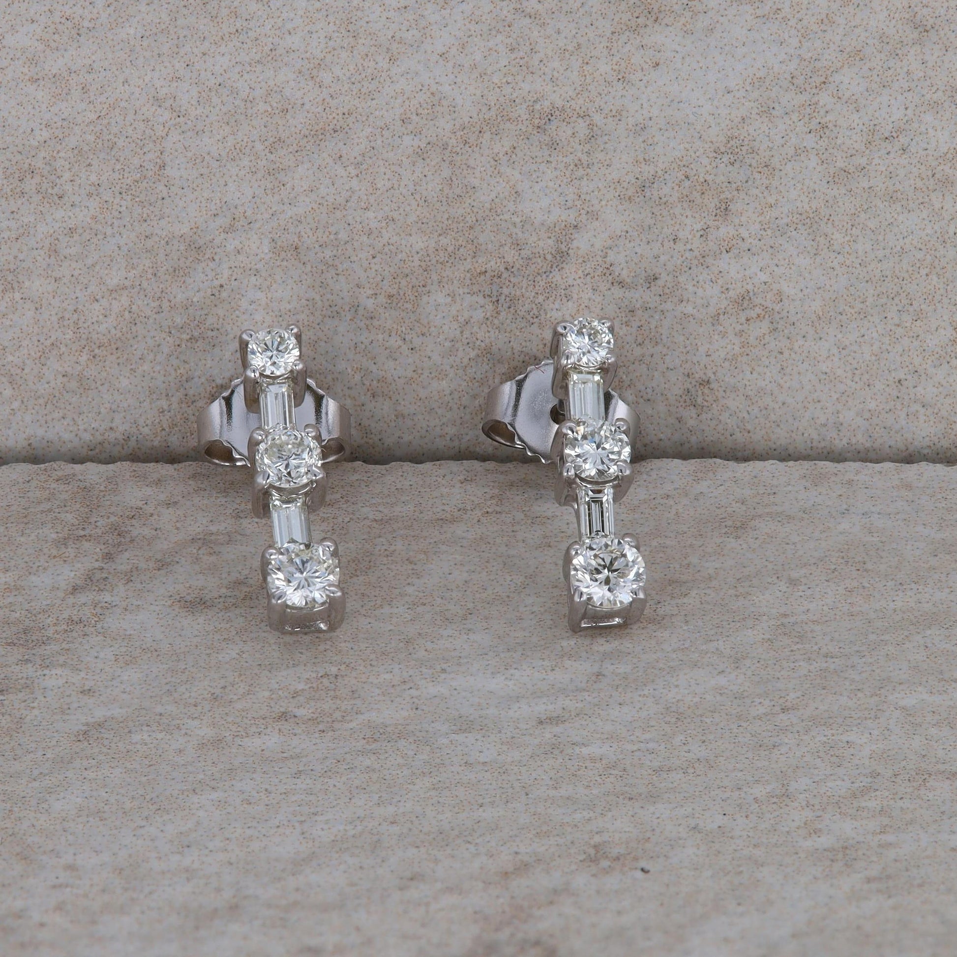 14k White Gold Diamond and Baguette Bar Drop Stud Earrings