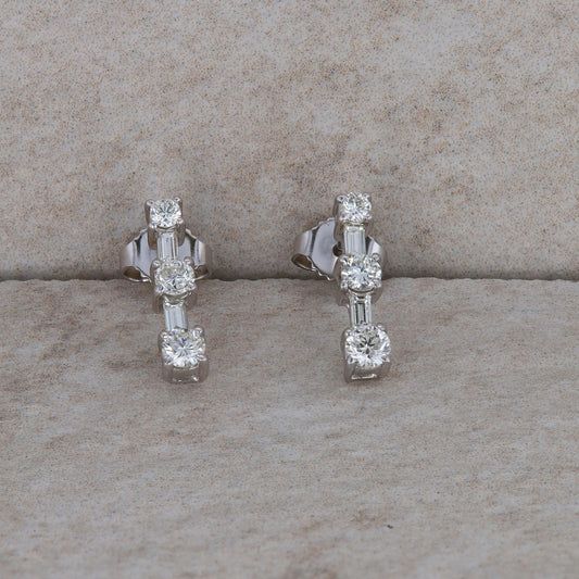 14k White Gold Diamond and Baguette Bar Drop Stud Earrings