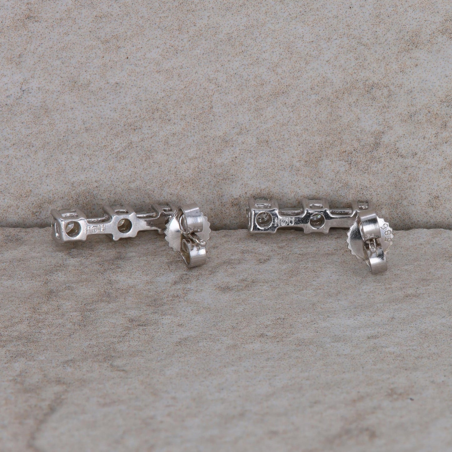 14k White Gold Diamond and Baguette Bar Drop Stud Earrings