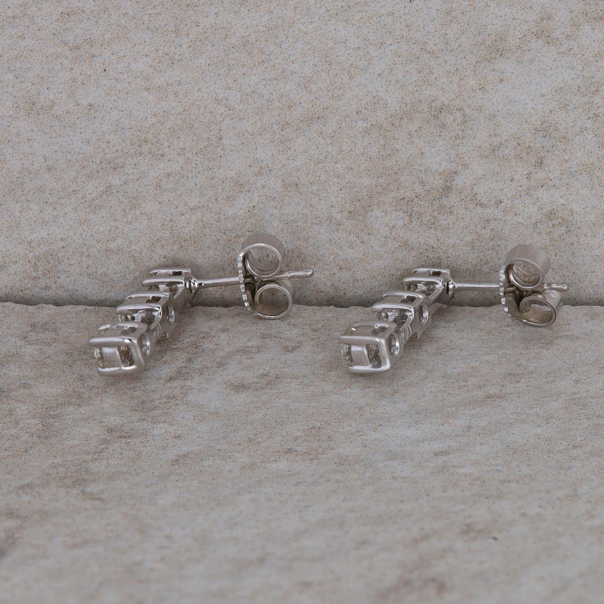 14k White Gold Diamond and Baguette Bar Drop Stud Earrings