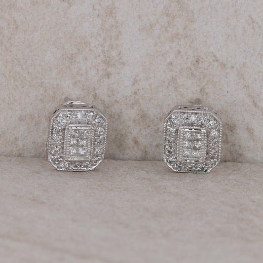 14k White Gold Round and Invisible Cut Diamond Cluster Omega Back Earrings