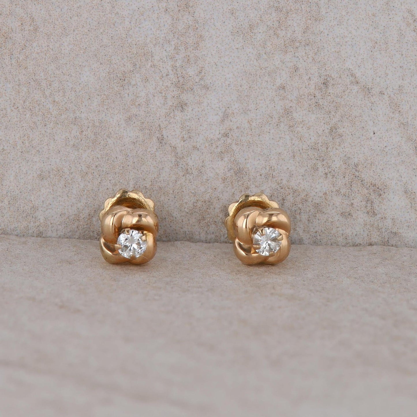 14k Yellow Gold Love Knot Diamond Stud Screwback Earrings