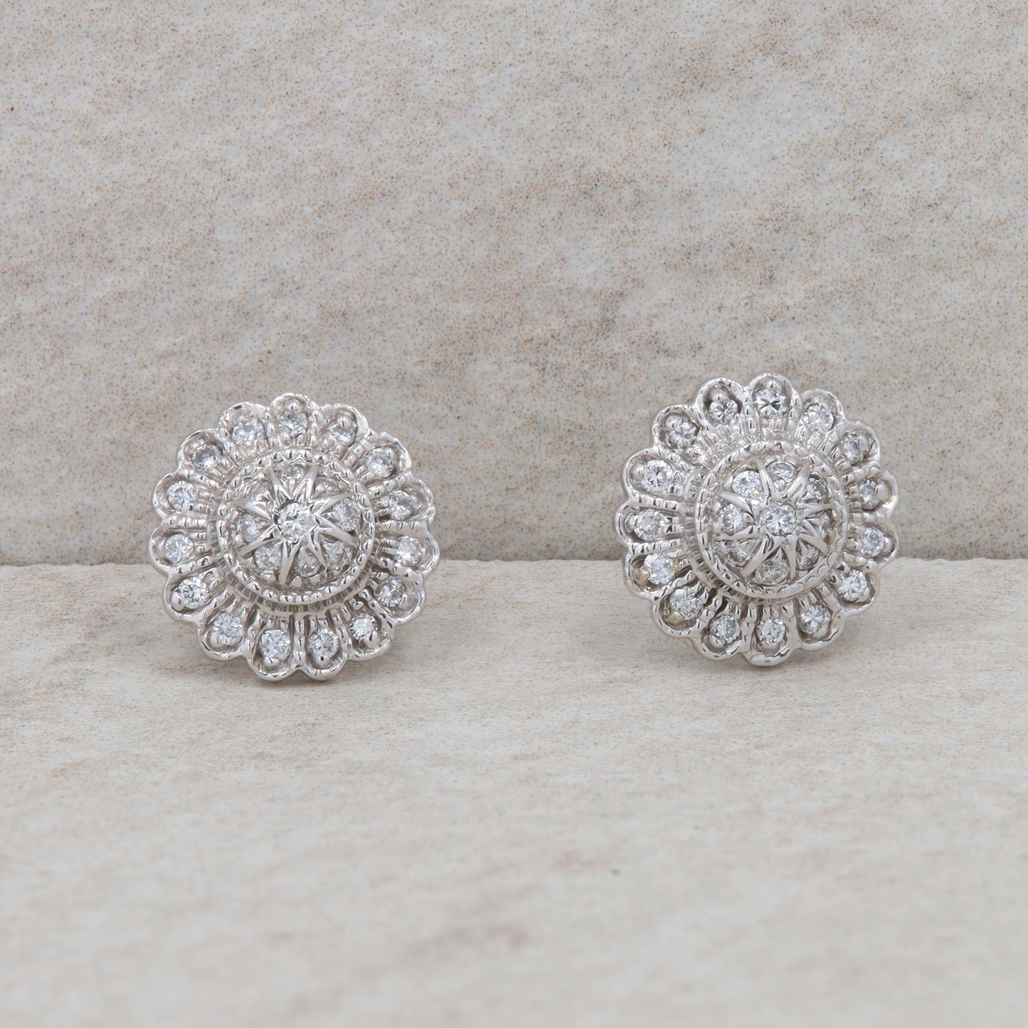 14k White Gold Diamond Cluster Halo Beaded Stud Earrings