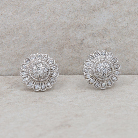 14k White Gold Diamond Cluster Halo Beaded Stud Earrings