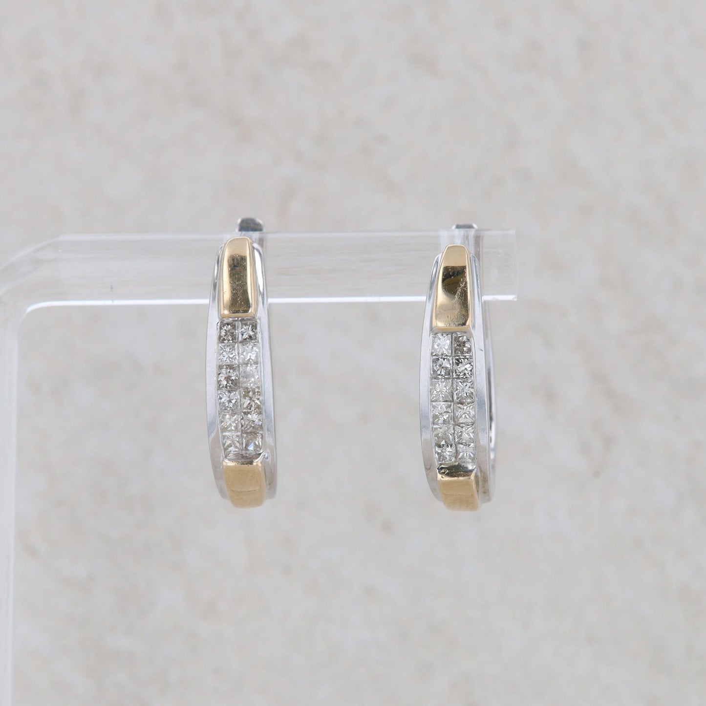 14k Two Tone Princess Cut Diamond Hoop Earrings