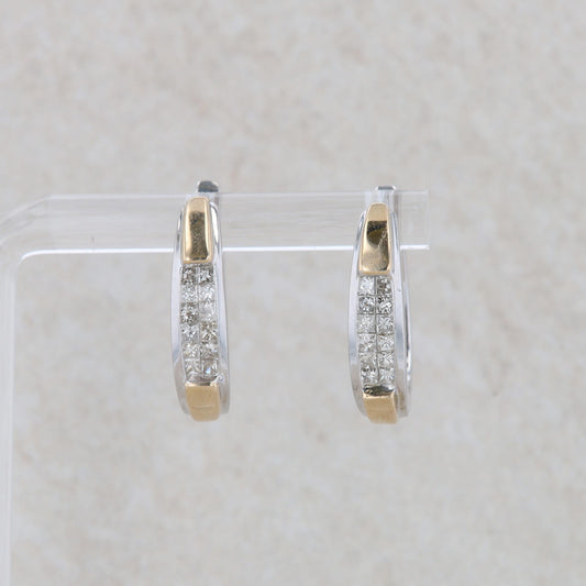 14k Two Tone Princess Cut Diamond Hoop Earrings