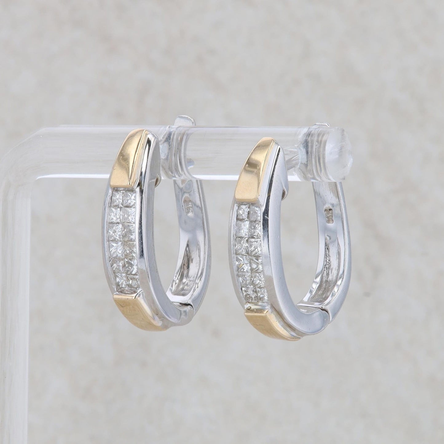 14k Two Tone Princess Cut Diamond Hoop Earrings