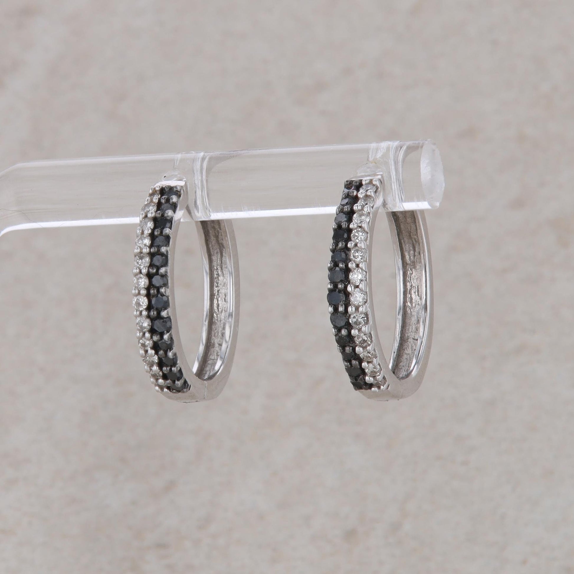 10k White Gold Black and White Diamond Double Row Hoop Earrings