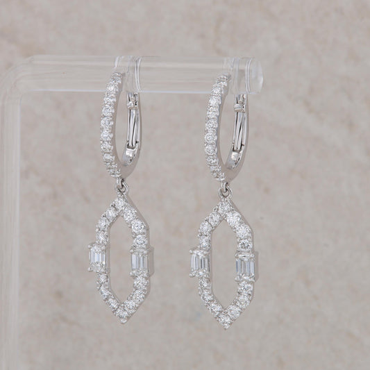 14k White Gold Emerald Cut and Round Diamond Hexagonal Dangle Earrings